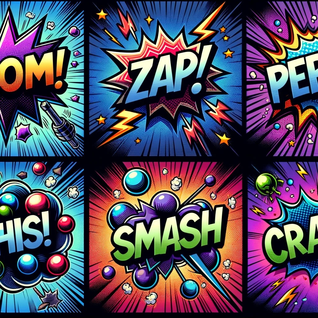 Colorful comic book style explosion panels with words like "ZAP!", "SMASH", "CRASH!", "BOOM!", "PEW!", and "HIT!", featuring dynamic graphics and vibrant backgrounds.