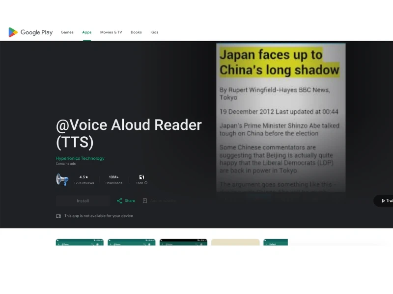 Screenshot of the Google Play Store page for "@Voice Aloud Reader (TTS)" app, with a news article titled "Japan faces up to China's long shadow" in the background.