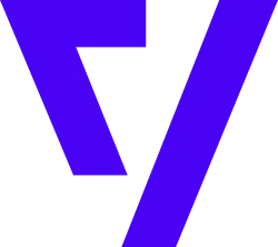 Bold blue letter "V" with a diagonal slash through it.