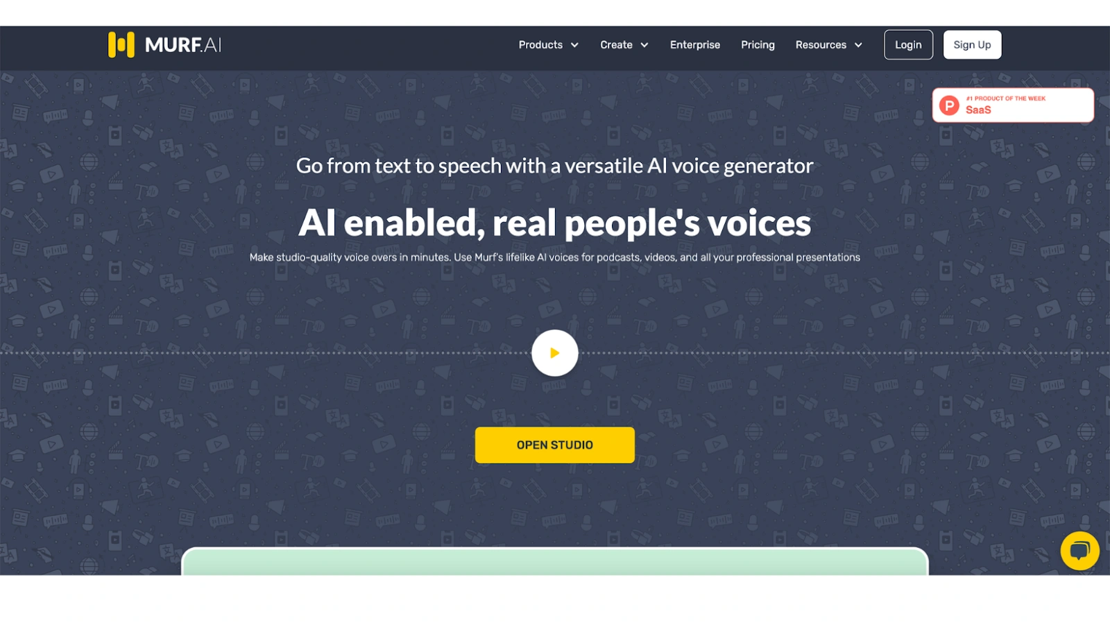 Screenshot of the homepage of Murf.ai, a website for AI voice generation, featuring a dark blue background with icons, a prominent "Open Studio" button, and navigation options at the top.