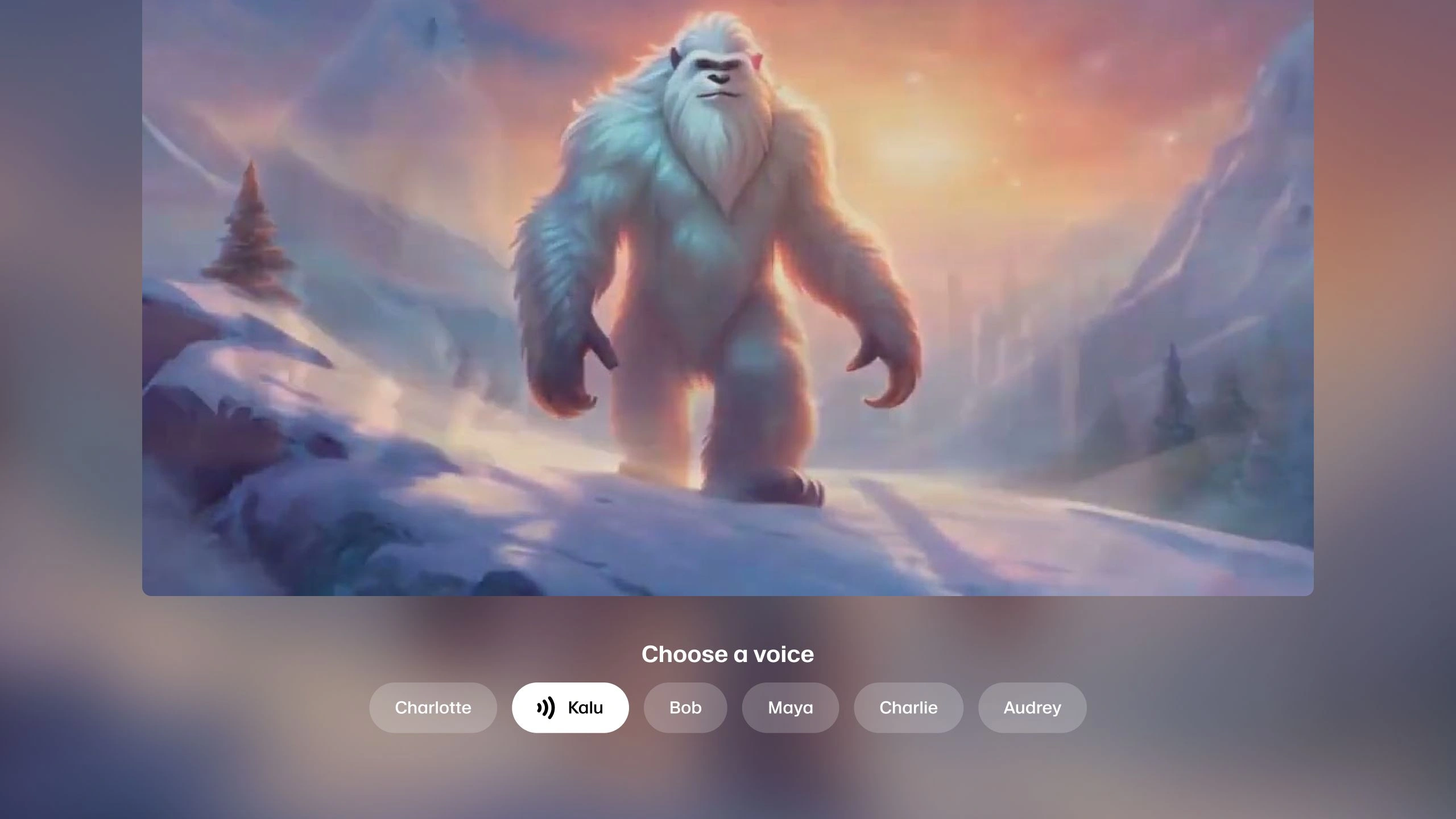 A large, white-furred yeti walking through a snowy mountain landscape at sunset.
