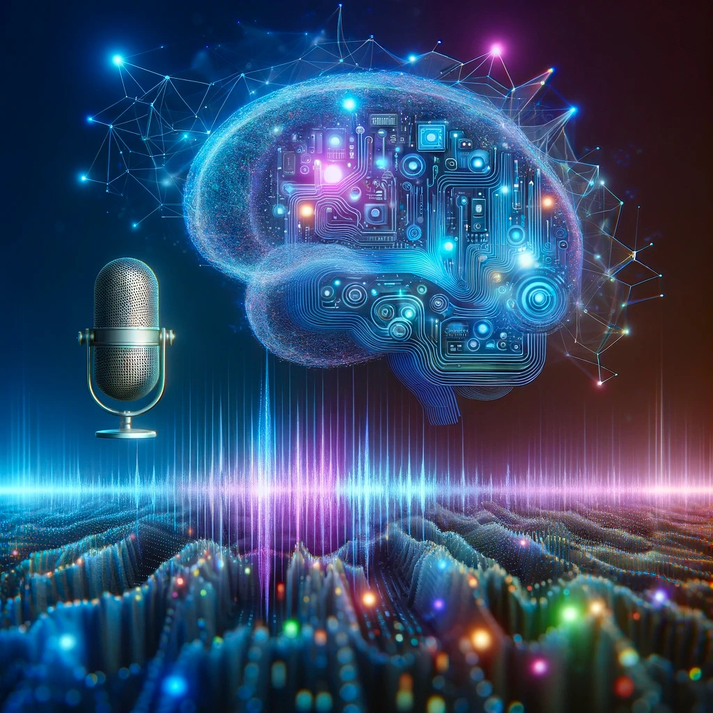 A digital illustration of a brain with circuitry inside, connected to a microphone, with colorful data waves and network nodes in the background.