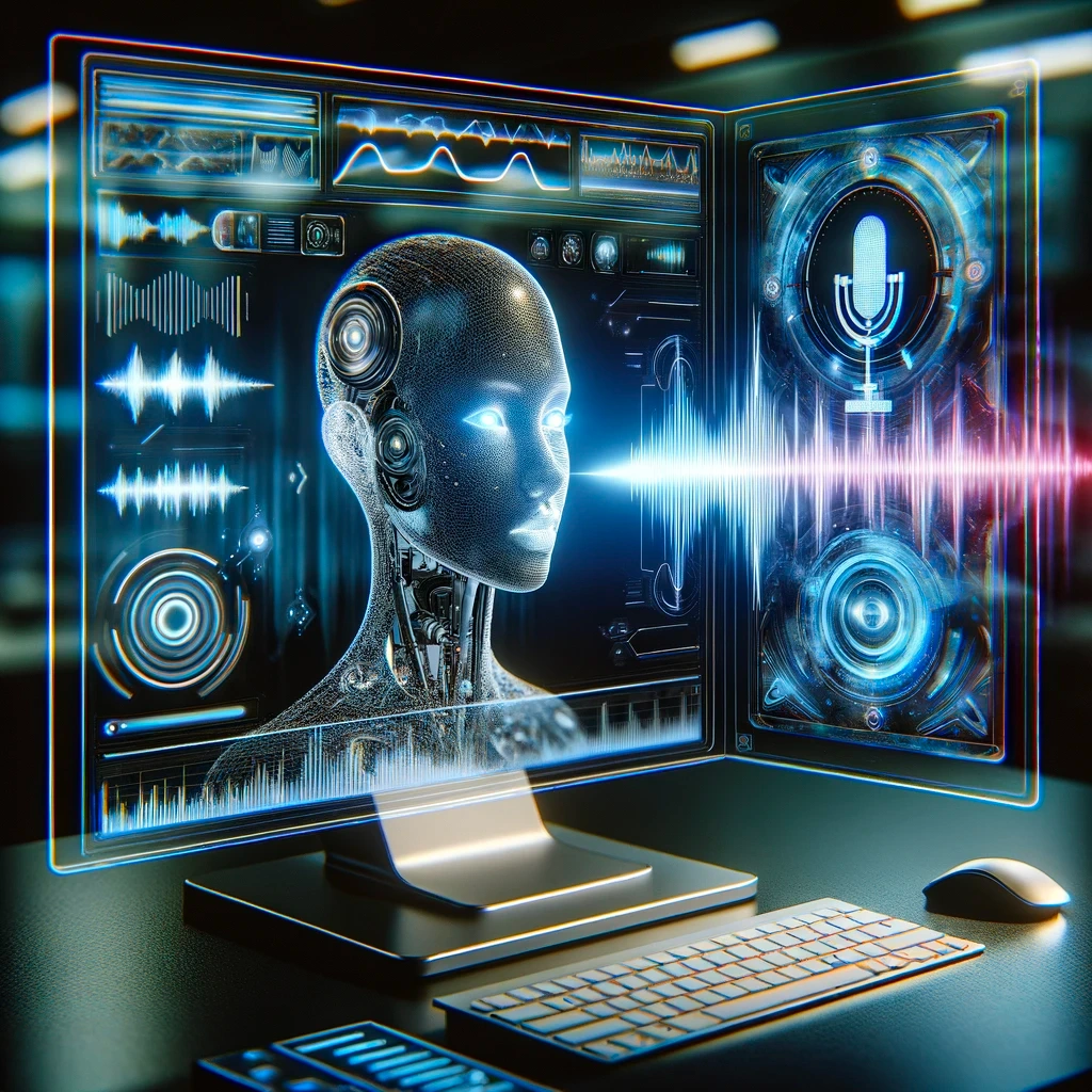 A futuristic digital interface with a humanoid robot's head, holographic displays, sound waves, and a microphone icon.