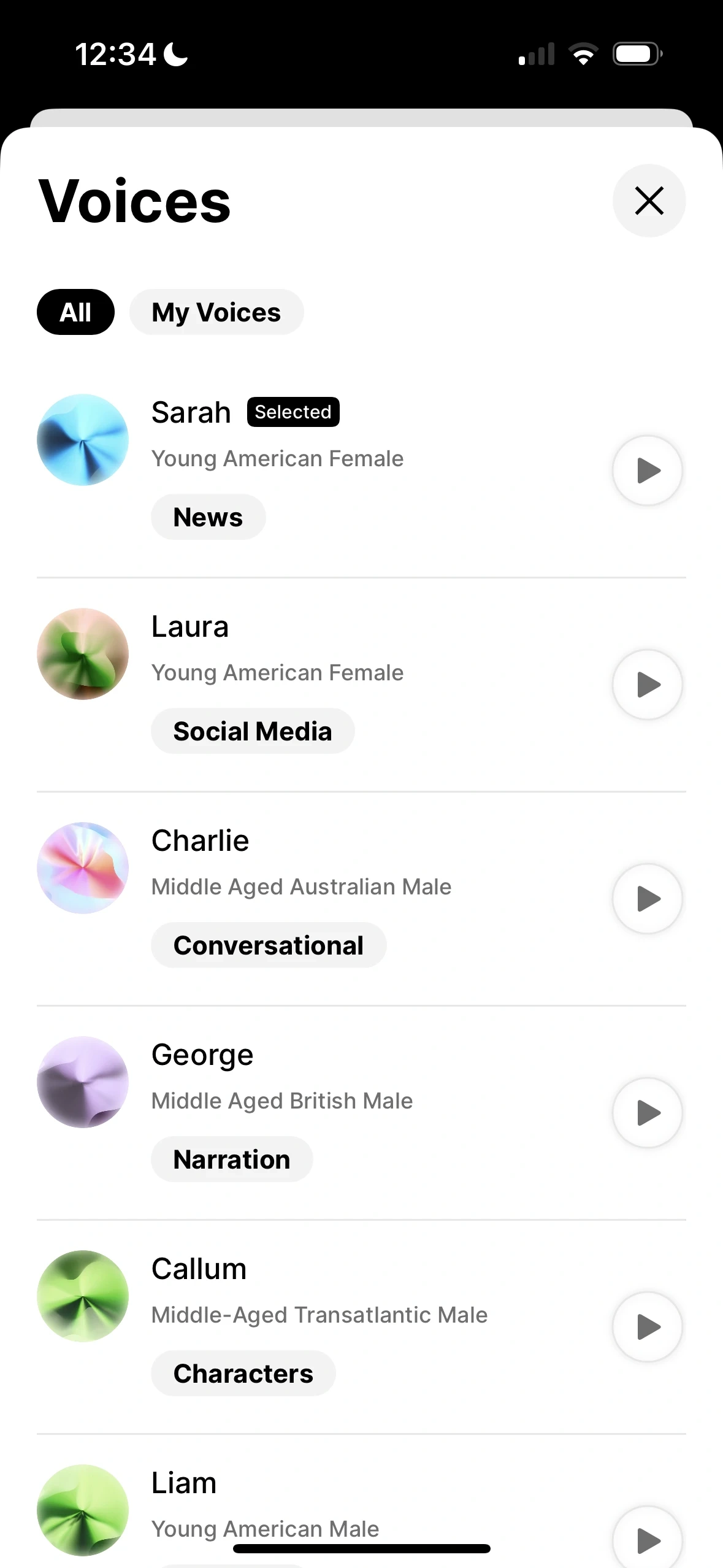 List of voice profiles with names, descriptions, and categories, each with a play button.
