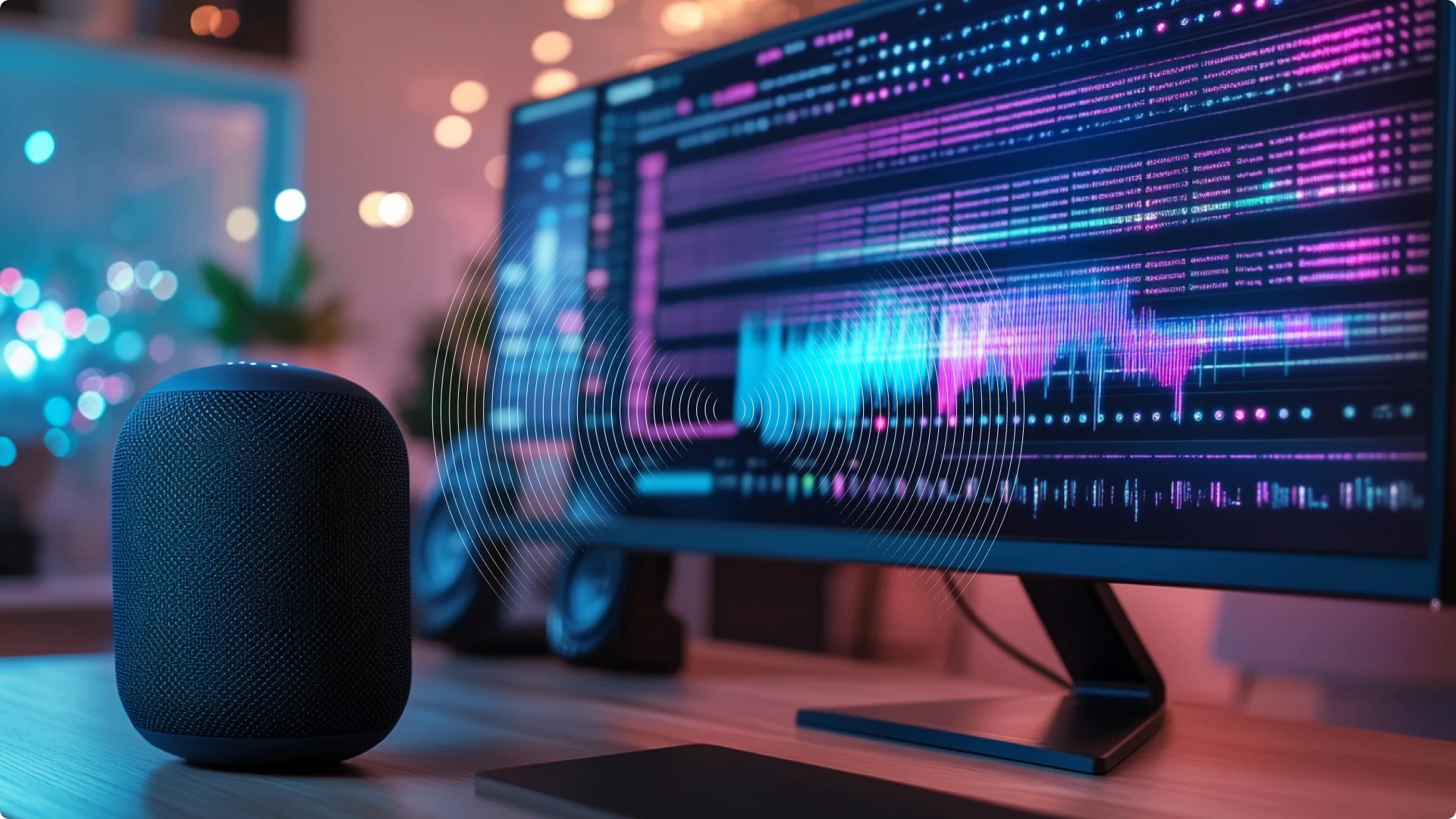 A smart speaker and a computer monitor displaying colorful audio waveforms and digital sound editing visuals.