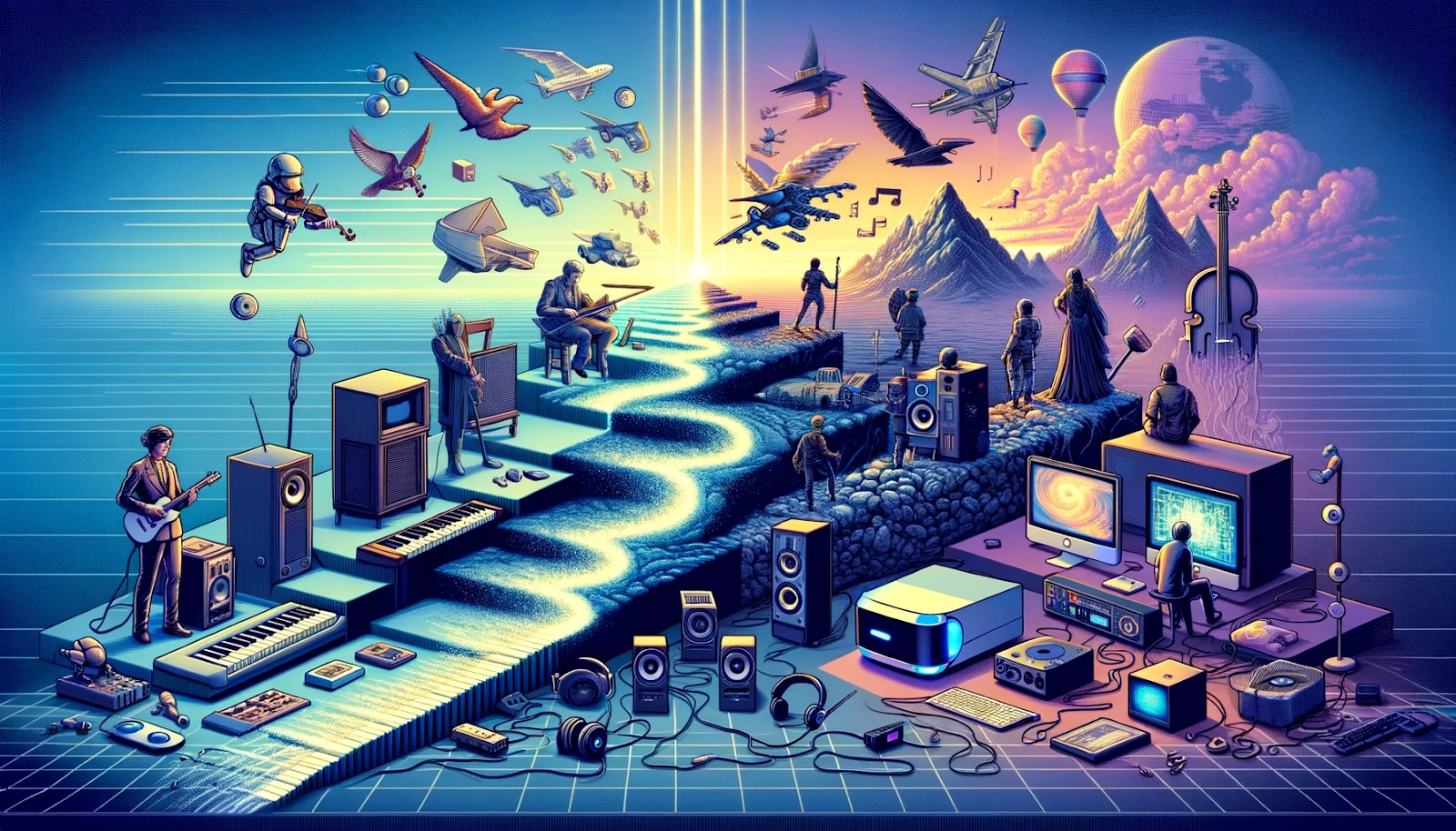 A digital artwork depicting a vibrant, surreal scene of music, technology, and nature blending together across a split landscape.