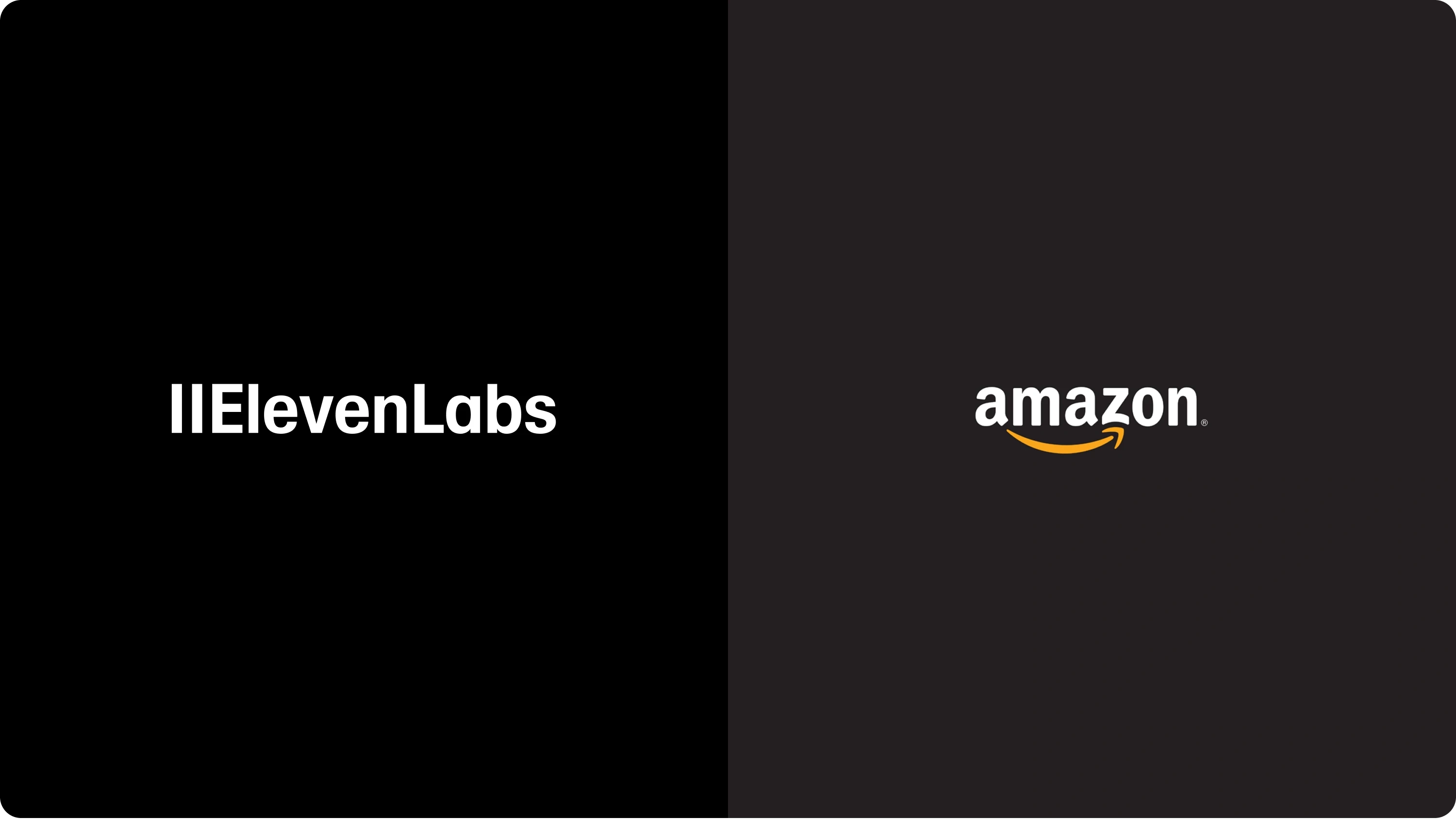 Side-by-side comparison of the IIElevenLabs logo on a black background and the Amazon logo on a dark gray background, illustrating branding contrast between a tech startup and a major e-commerce company.
