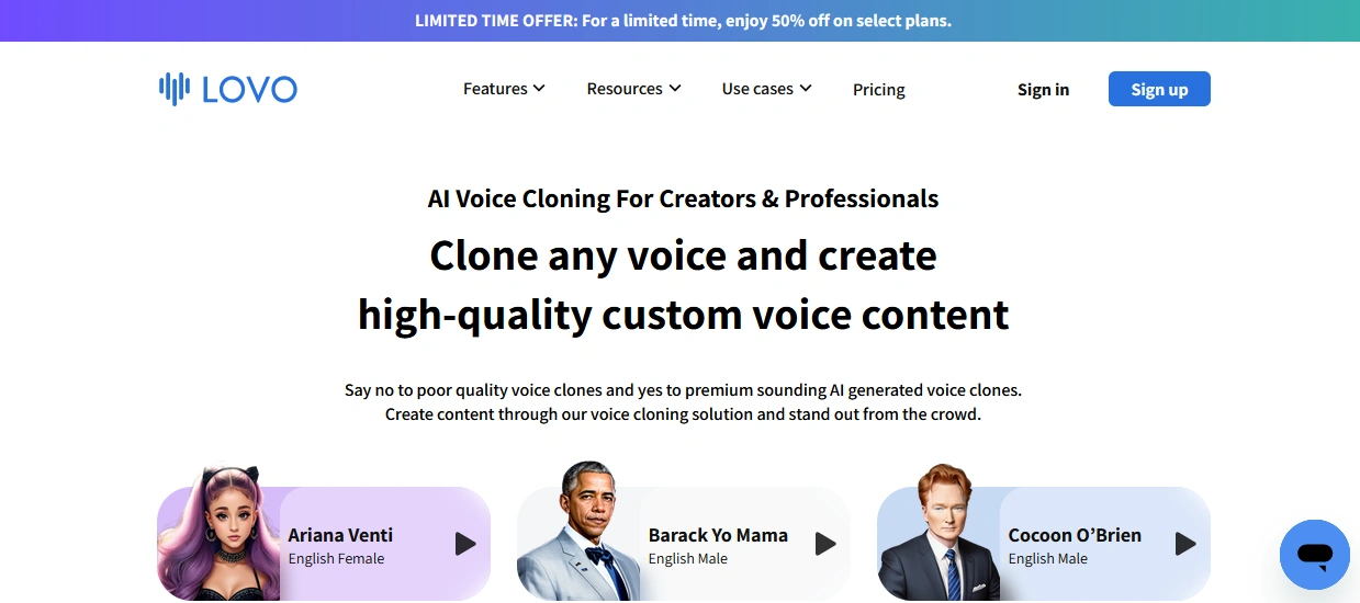 AI voice cloning platform homepage with options to clone voices of Ariana Venti, Barack Yo Mama, and Cocoon O’Brien.