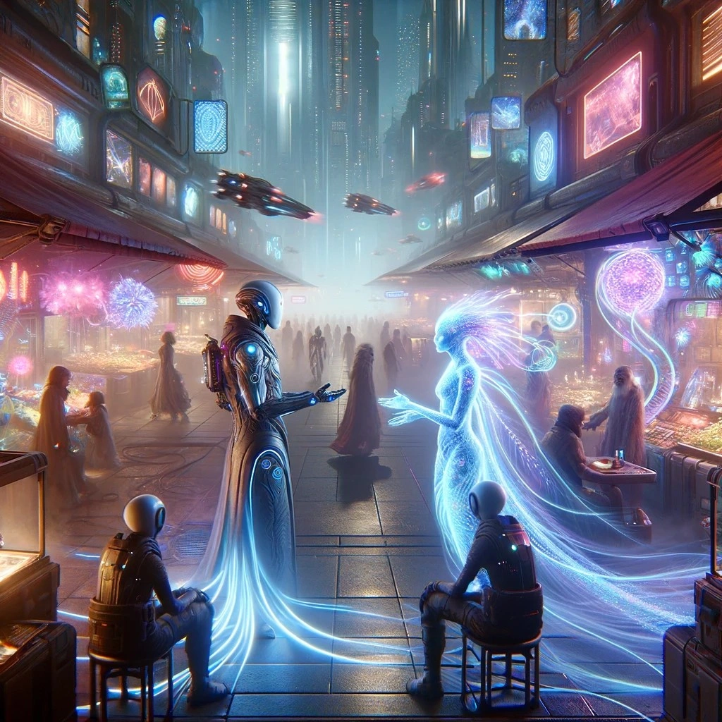 A futuristic city street with holographic displays, flying vehicles, and humanoid robots interacting with glowing, ethereal beings.