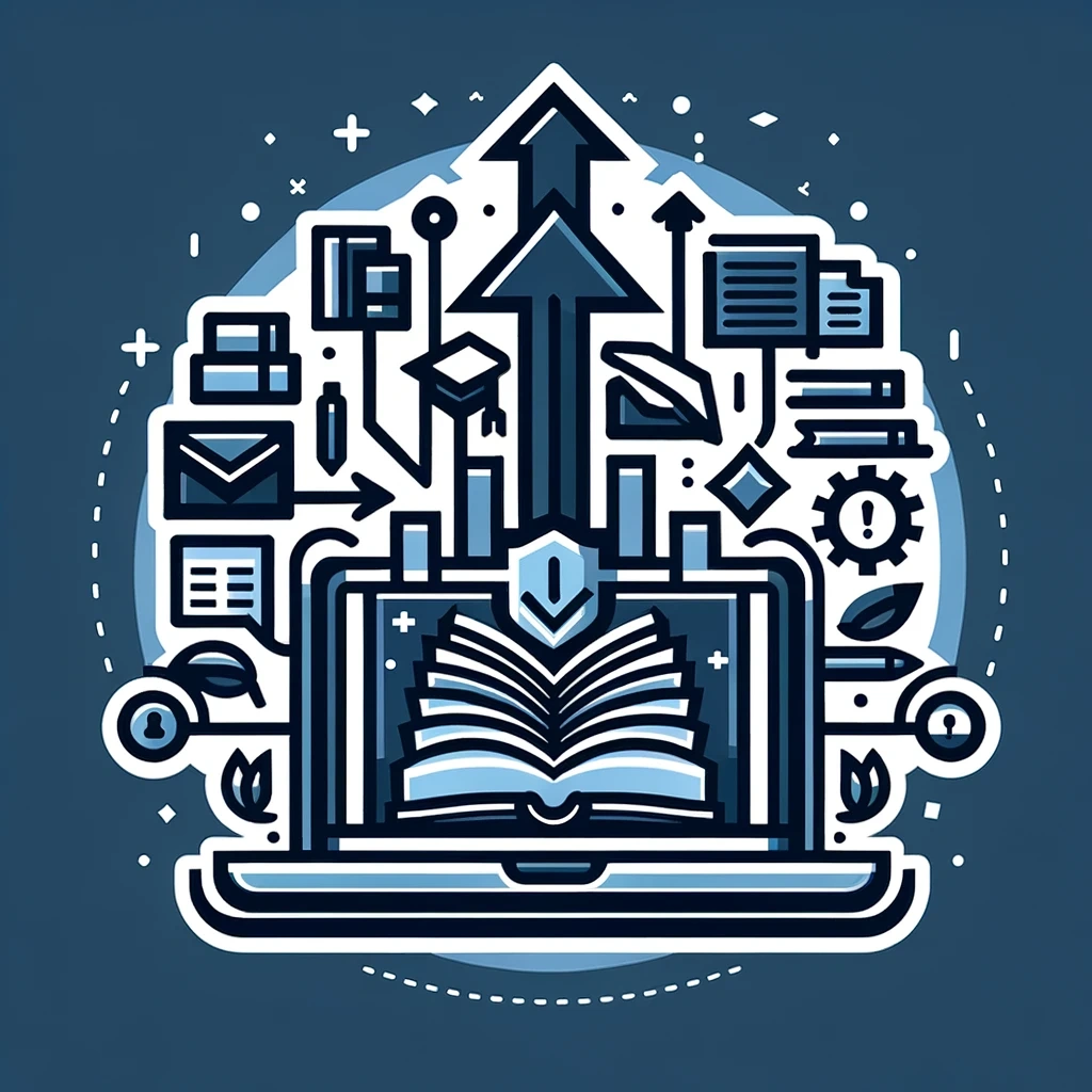 Digital learning and education icons emerging from a laptop with an open book.