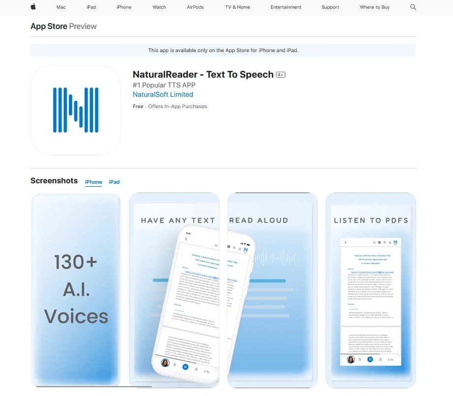App store page for NaturalReader - Text To Speech app, showing app icon, name, developer, and screenshots highlighting features like AI voices, text reading, and PDF listening.