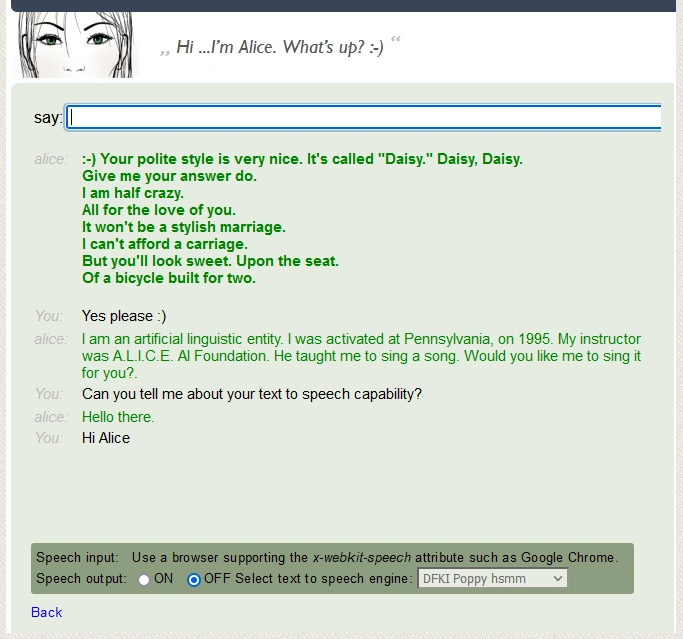 Screenshot of a chatbot interface with a conversation between a user and an AI named Alice, including text input and speech output options.