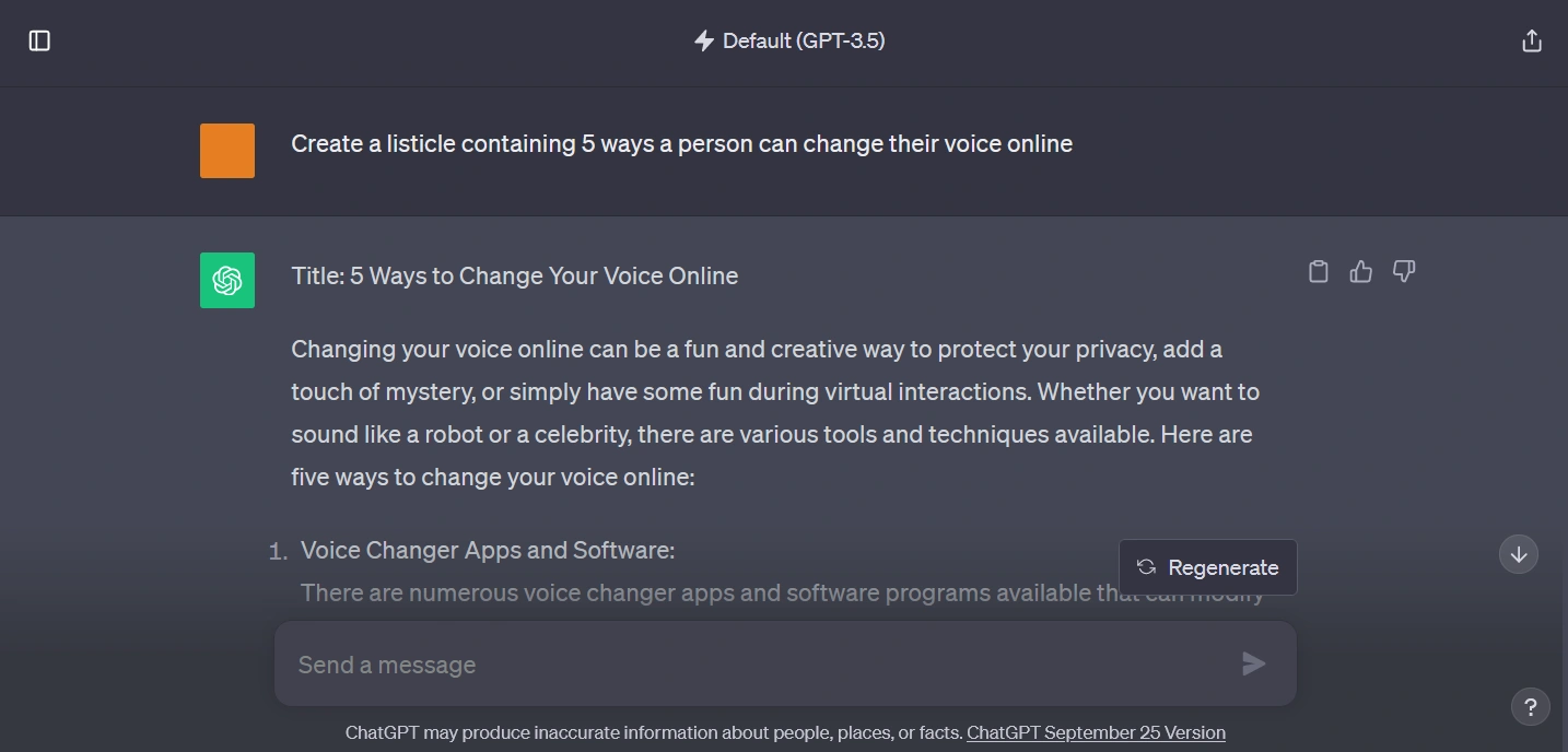 Screenshot of a digital interface with a list titled "5 Ways to Change Your Voice Online," including a paragraph explaining voice-changing tools and options.