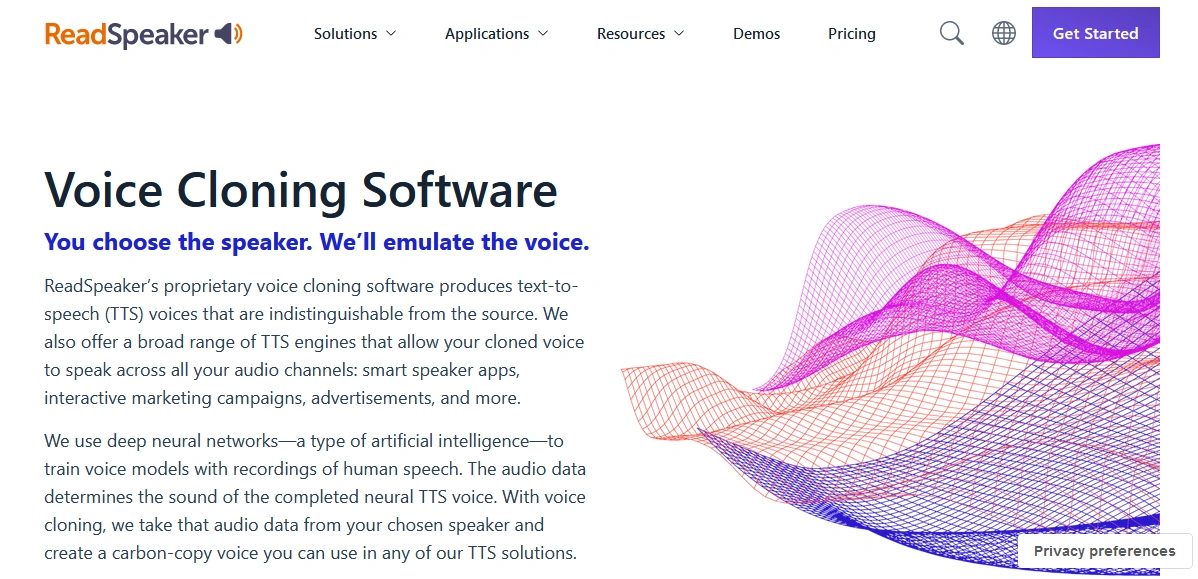 Colorful 3D wave illustration on a webpage about voice cloning software.