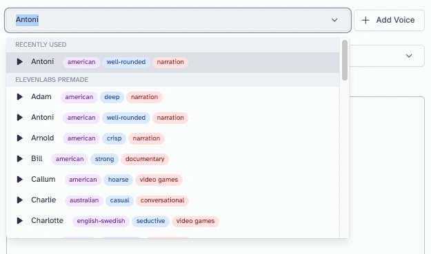 A dropdown menu showing a list of names with associated tags such as "american," "well-rounded," "narration," and others.