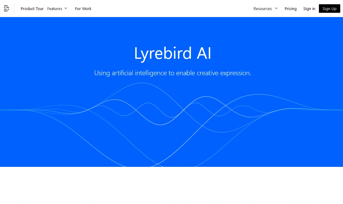 Lyrebird AI homepage with a blue background and white text about using artificial intelligence for creative expression.