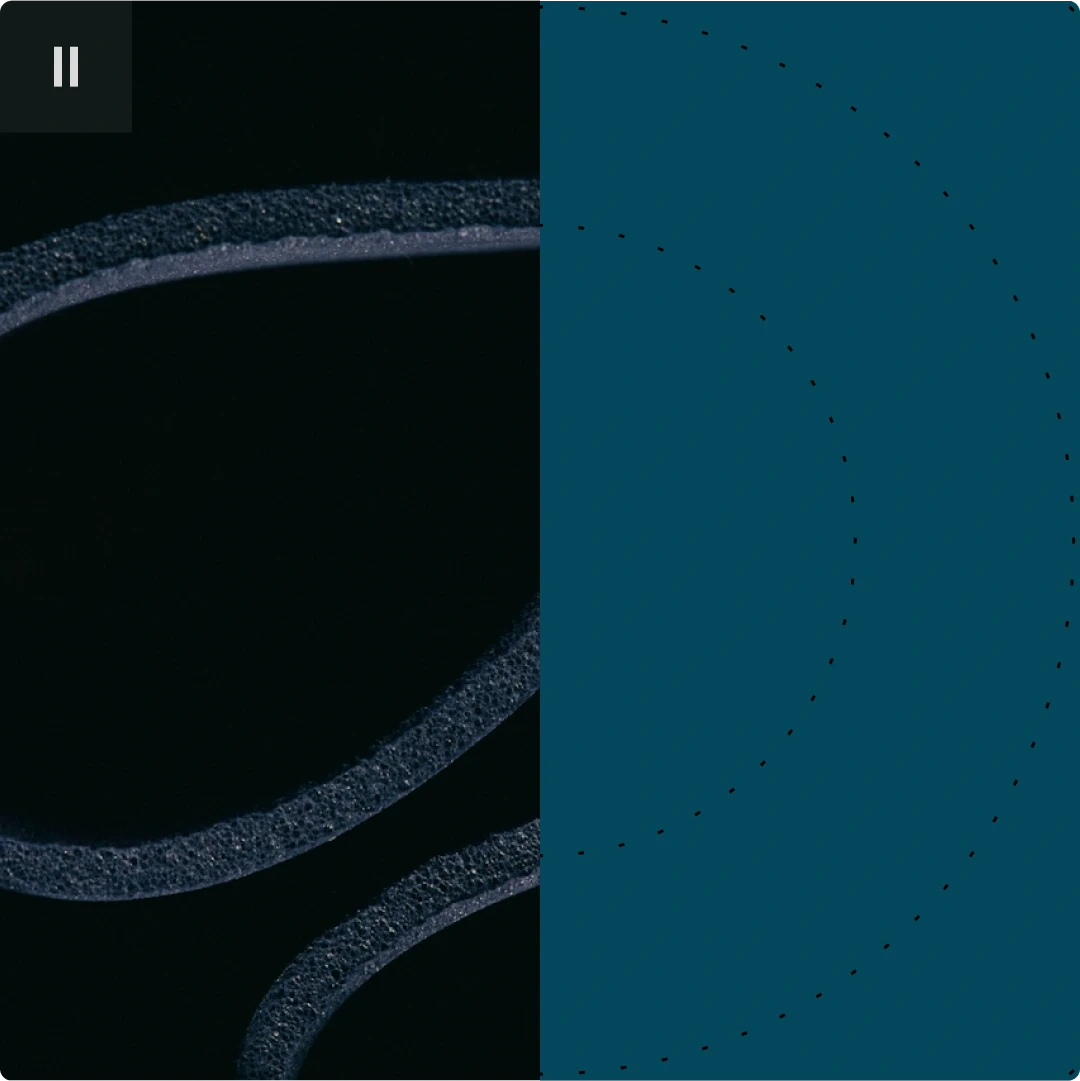 A split-screen image with a close-up of a textured, curved object on the left and a blue background with dotted lines on the right.