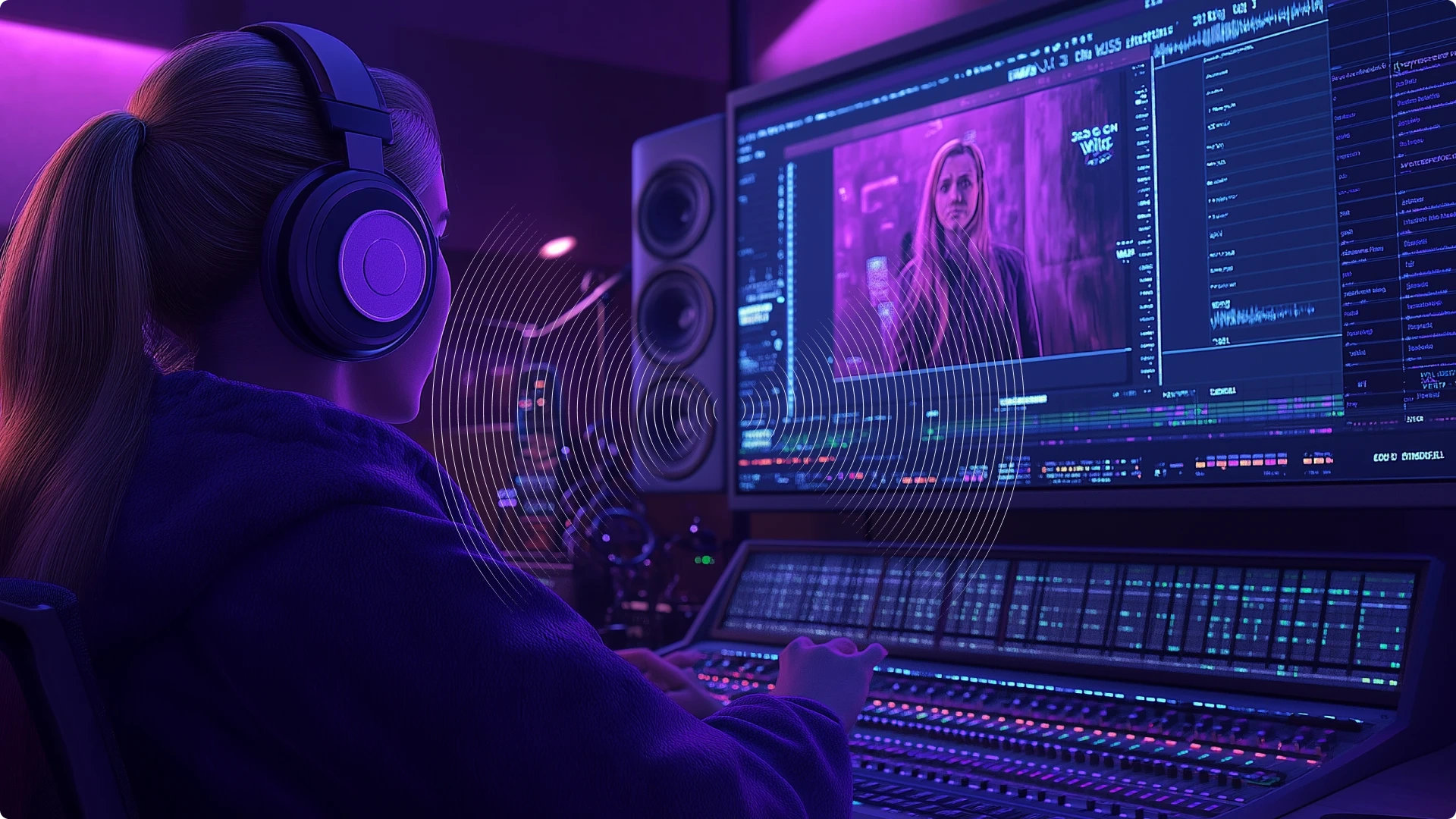 A person wearing headphones working on video editing on a computer with a large screen displaying a woman in a purple-lit scene.