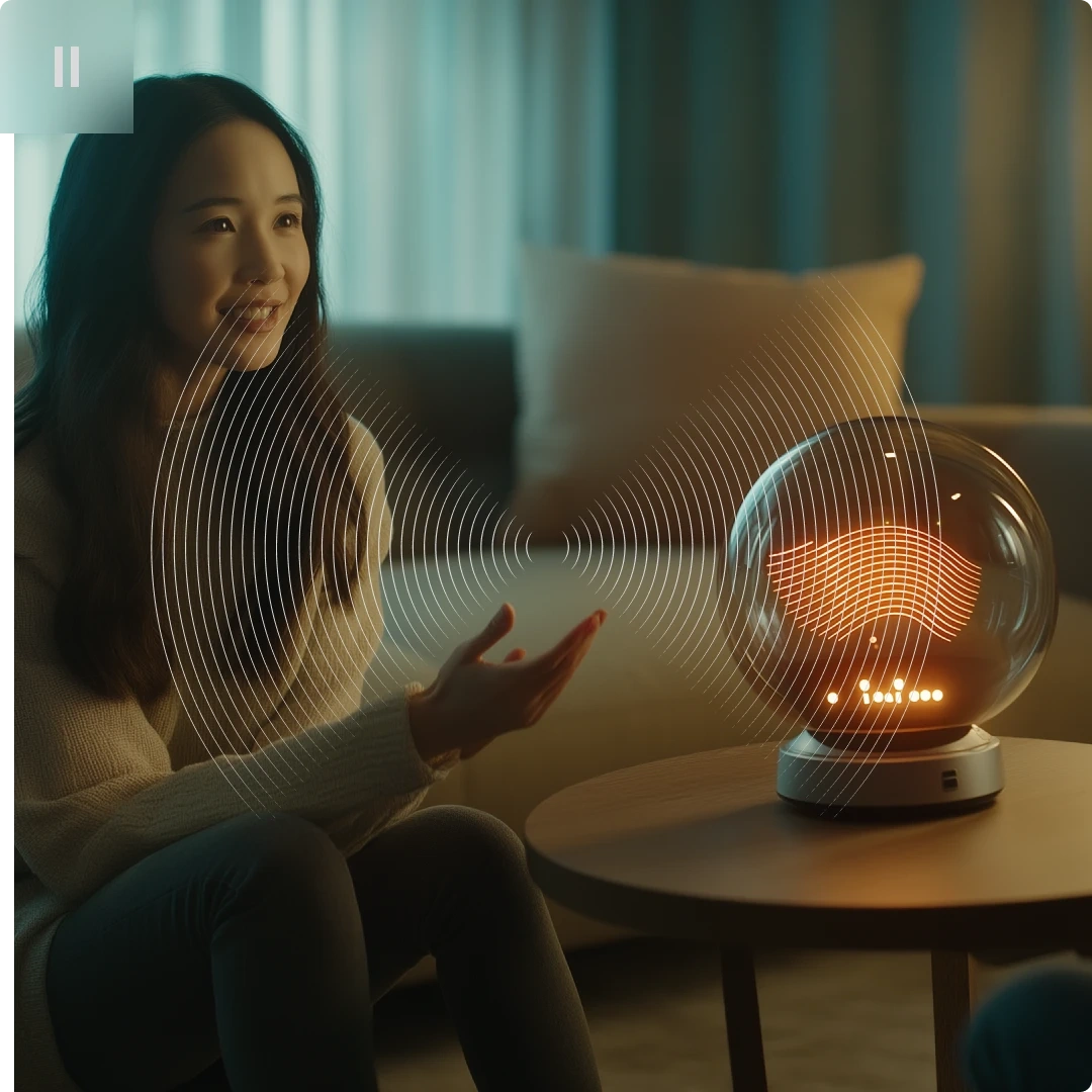 A woman smiling and gesturing towards a spherical smart speaker on a table, with sound wave graphics emanating from it.