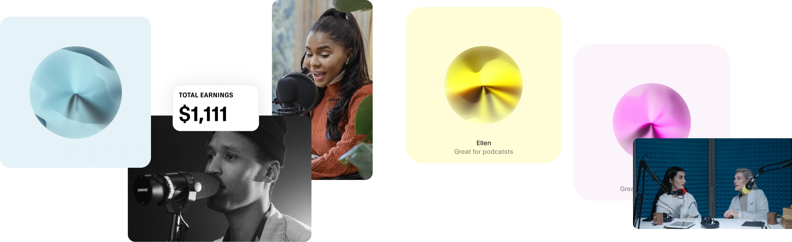Two people speaking into microphones in a recording studio, with colorful abstract shapes and podcast reviews around them.