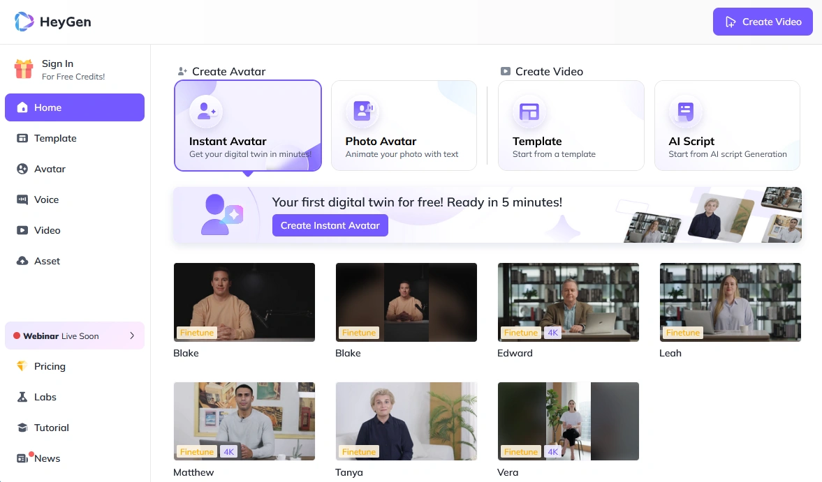 Screenshot of a website interface for creating digital avatars, showing options for instant, photo, template, and AI script avatars, with a gallery of various avatar thumbnails.