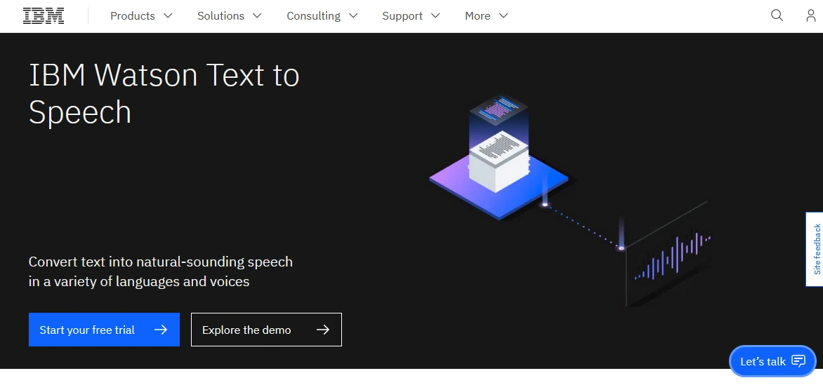 IBM Watson Text to Speech webpage with a graphic of a speech synthesis device and voice waveforms.