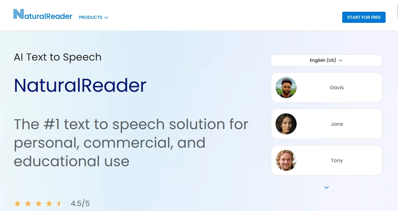 Screenshot of the NaturalReader website homepage, featuring a blue and white color scheme, a "Start for Free" button, and images of three people labeled Davis, Jane, and Tony.