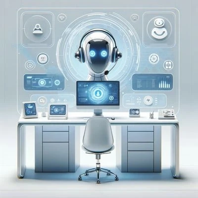 A robot with a headset and glowing eyes sitting at a desk with multiple screens and digital interfaces.