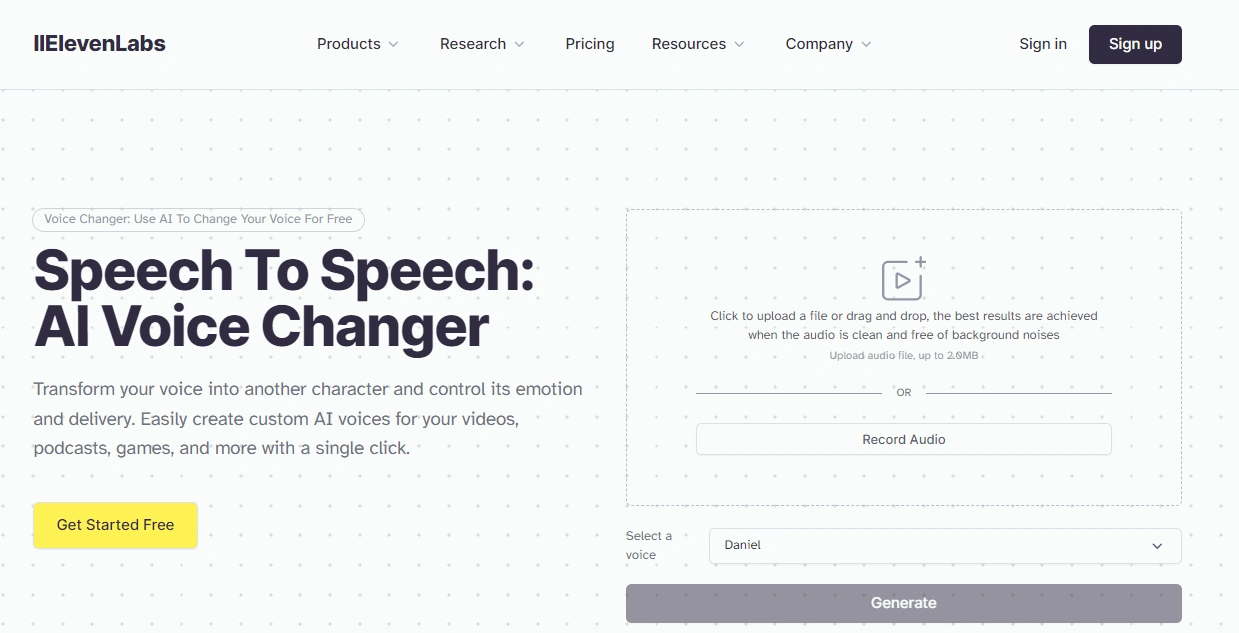 Screenshot of the ElevenLabs website featuring a voice changer tool with options to upload or record audio, select a voice, and generate AI voice transformations.
