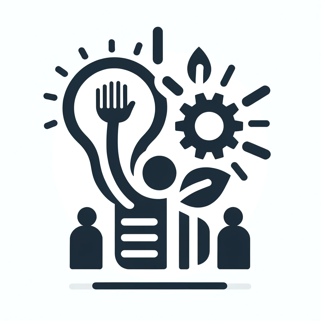 Lightbulb with a fork inside, surrounded by gears, leaves, and two people icons.