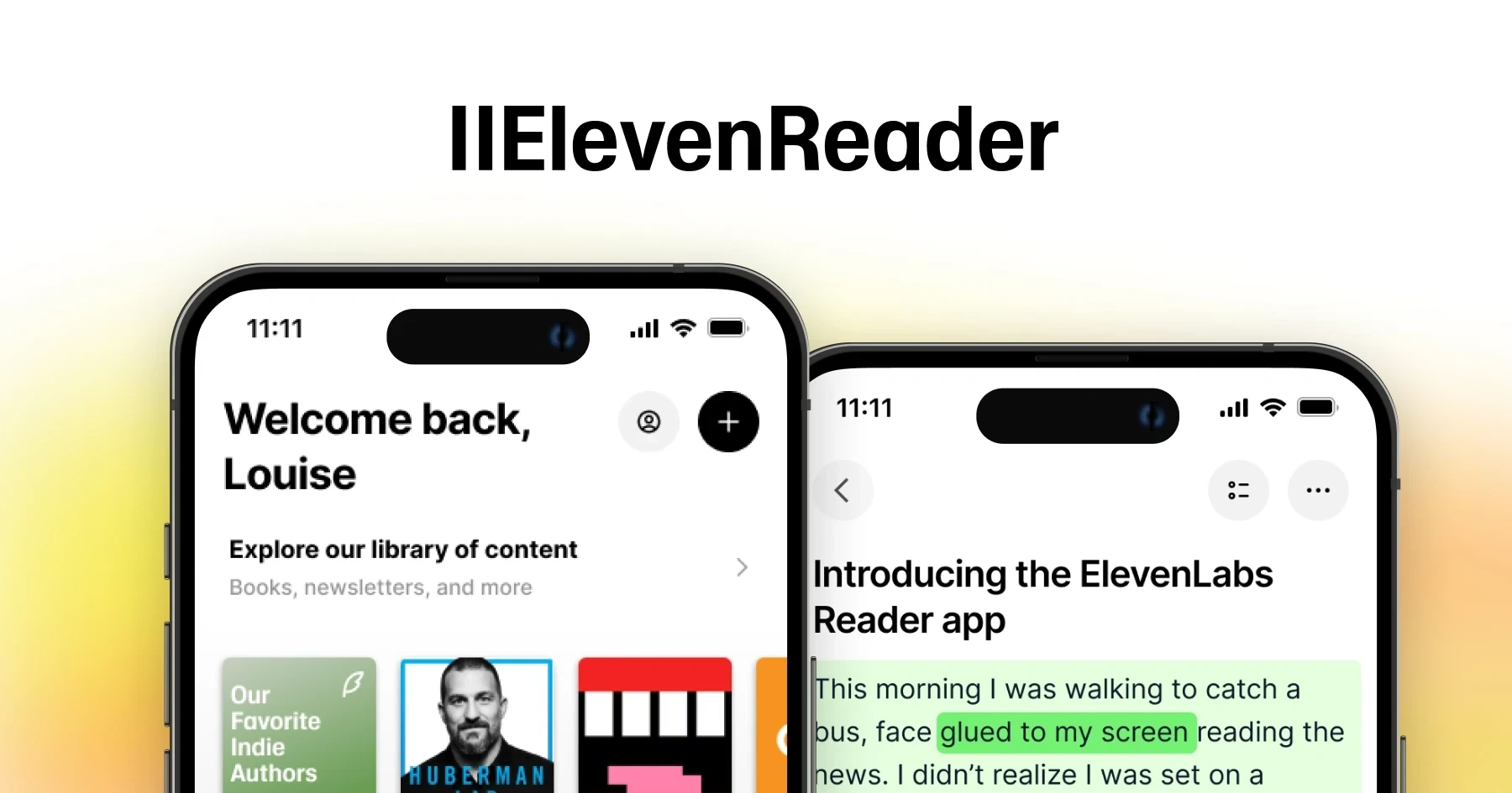Two smartphones displaying the ElevenReader app interface.