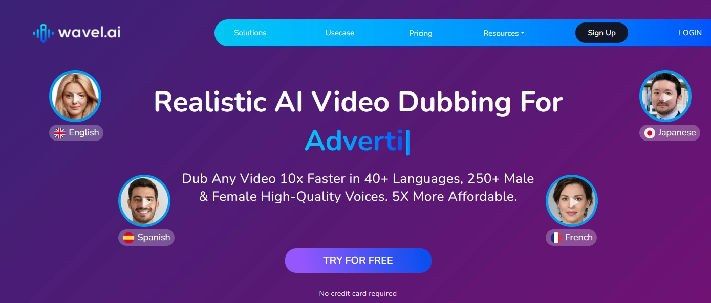 Screenshot of the Wavel.ai homepage showcasing AI video dubbing services with options for multiple languages and a "Try for Free" button.