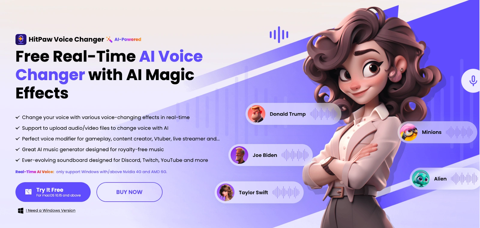 A promotional webpage for HitPaw Voice Changer featuring a cartoon woman with curly hair and voice samples from various celebrities and characters.