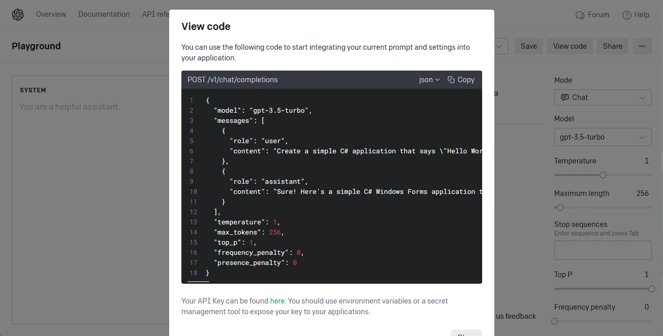 JSON code snippet for chat completions API request.