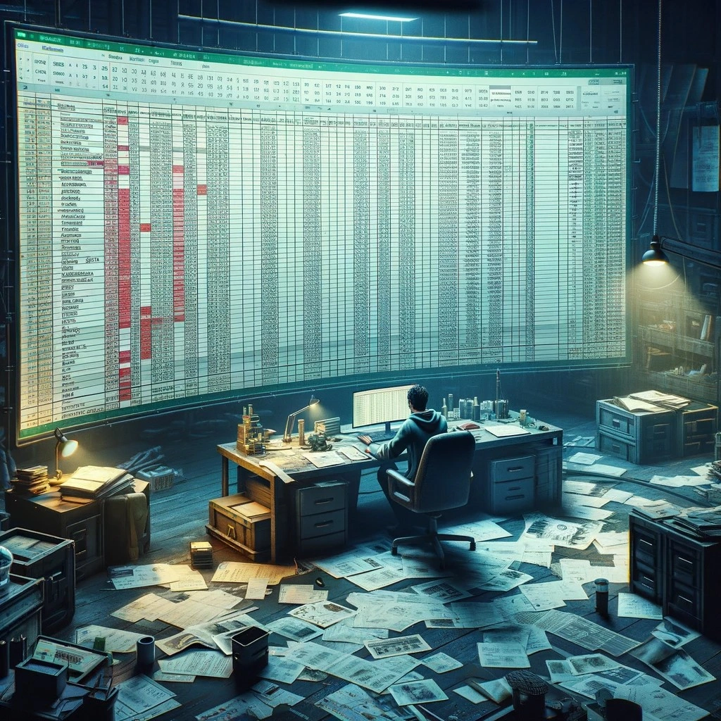 A person sitting at a cluttered desk in front of a large, illuminated spreadsheet on a wall, with papers and documents scattered on the floor.