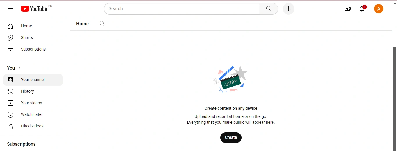 YouTube homepage with a "Create" button and a celebratory graphic.