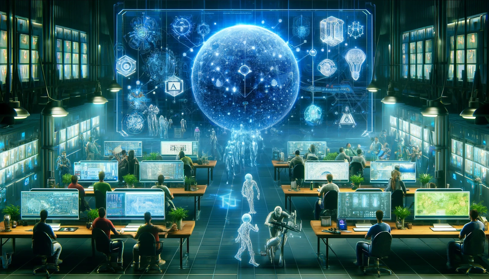 A futuristic control room with people working at computers, holographic displays, and a large digital globe with interconnected data and technology icons.