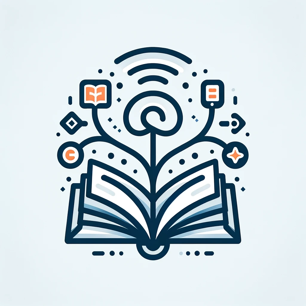 Open book with digital and wireless icons emerging from it.