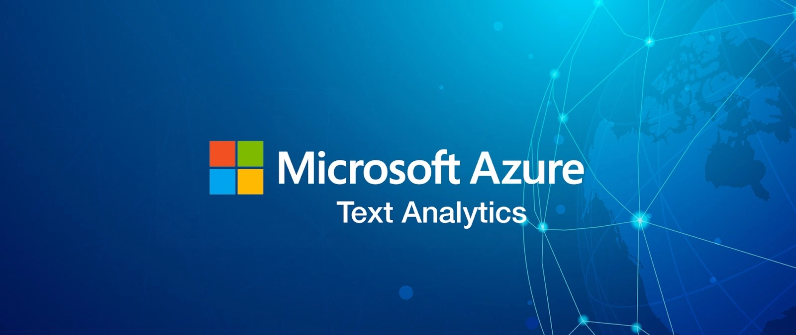 Microsoft Azure Text Analytics logo on a blue background with a world map and network lines.