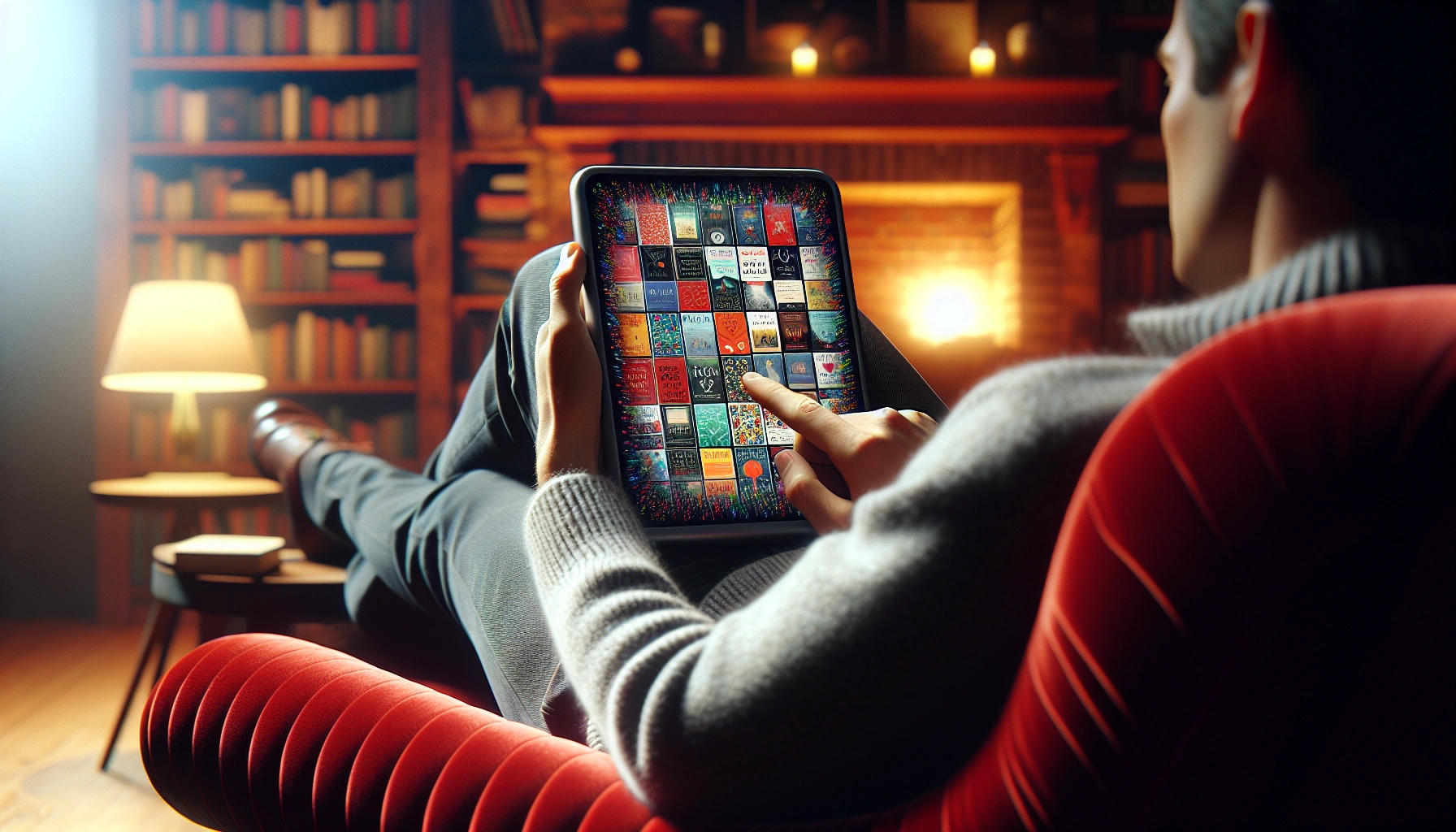 A person sitting on a red armchair, using a tablet to browse a digital library of book covers in a cozy, warmly lit room with wooden bookshelves.