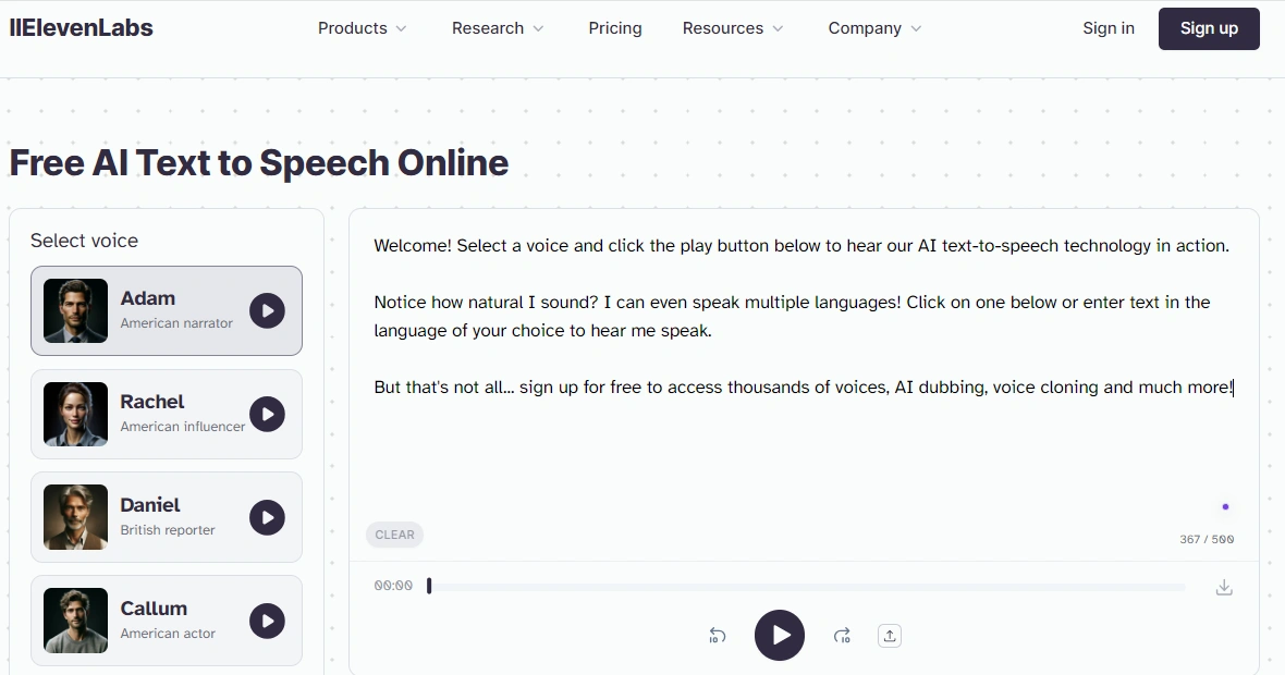 Screenshot of ElevenLabs' free AI text-to-speech online platform, showing voice options on the left and a text box with a play button on the right.