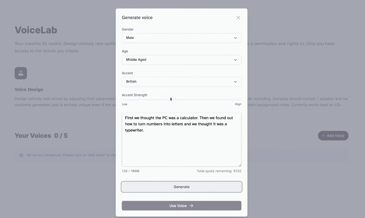A screenshot of a voice generation interface with options for gender, age, accent, and strength, and a text box containing a sample sentence.