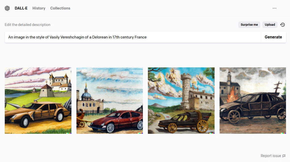 Four paintings of cars in different historical and scenic settings, in the style of Vasily Vereshchagin.