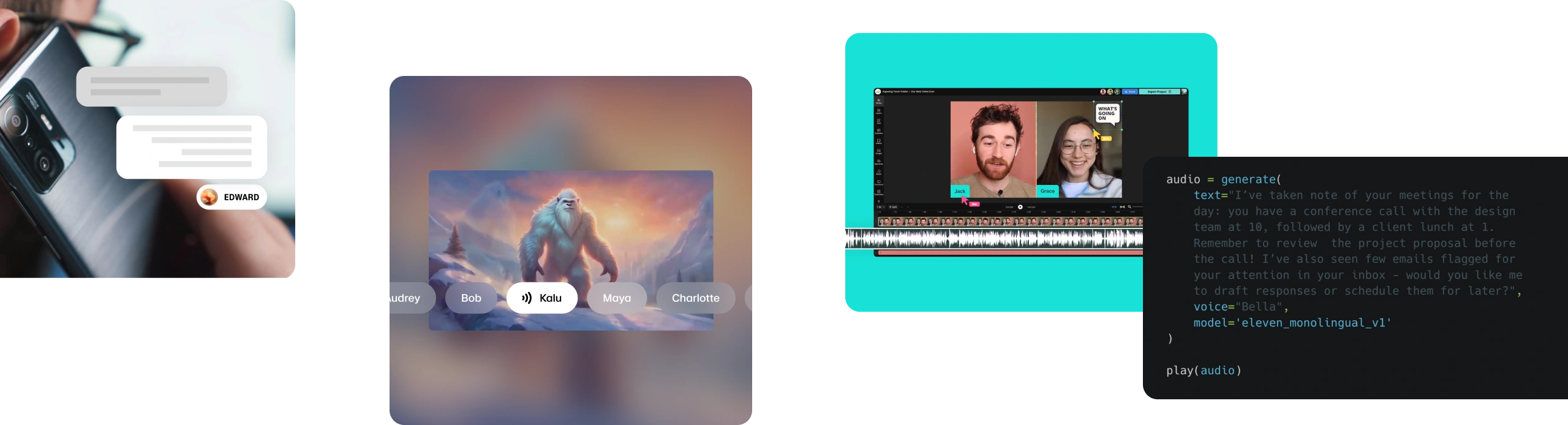 A collage of digital images showing a smartphone with chat bubbles, a fantasy artwork of a yeti, a video call with two people, and a code snippet for generating audio from a text message.