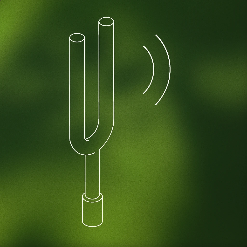 Cover of minimalistic metallic tuning fork with a single, stylized vibration line emanating from its prongs for Metal sound effects