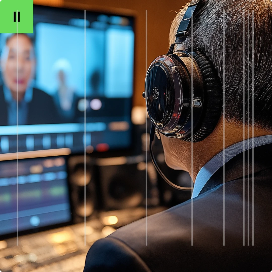 A person wearing headphones recording a video interview or presentation with a blurred screen showing a woman in the background.