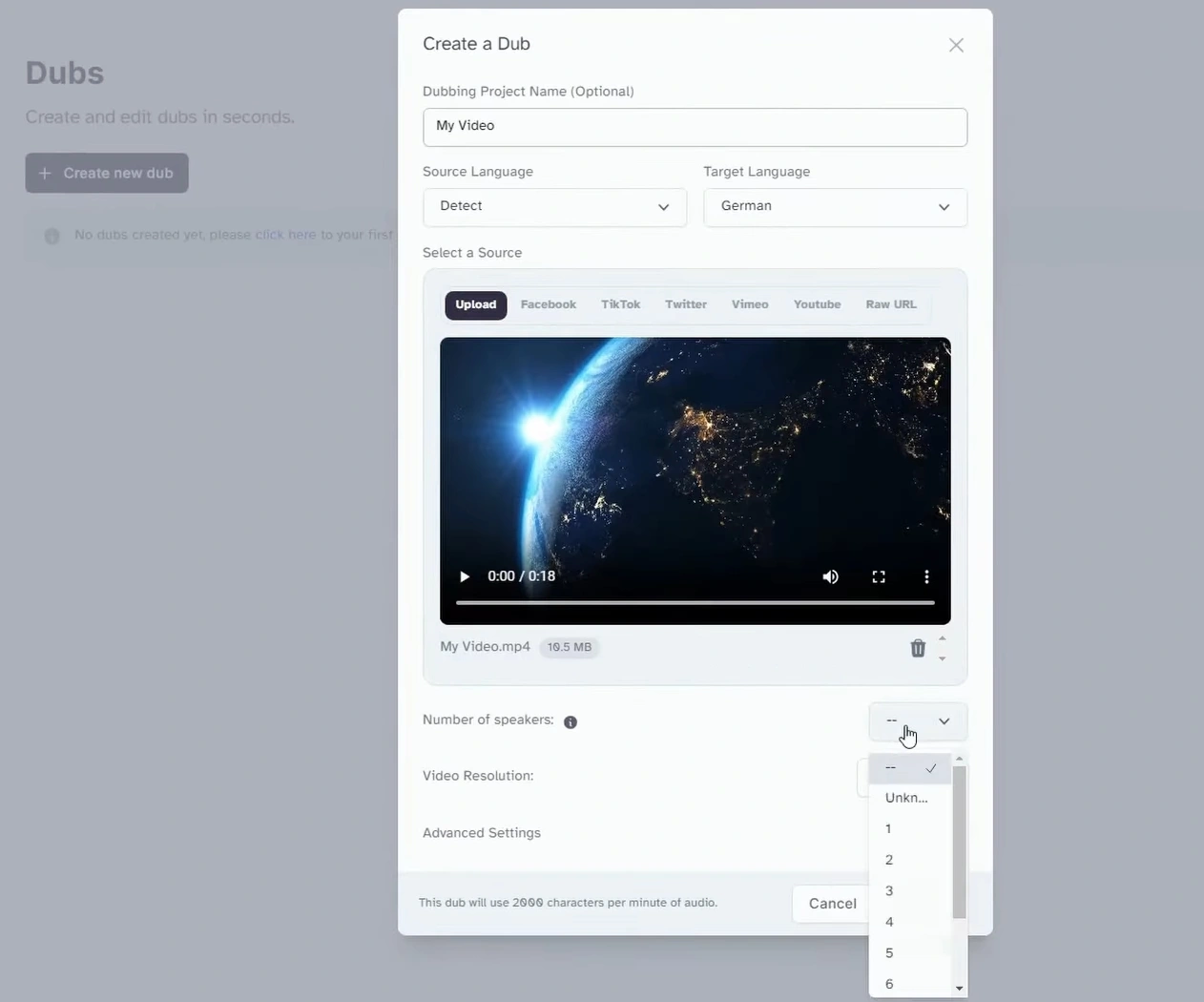 Screenshot of a video dubbing interface with options to upload a video, select source and target languages, and set the number of speakers.