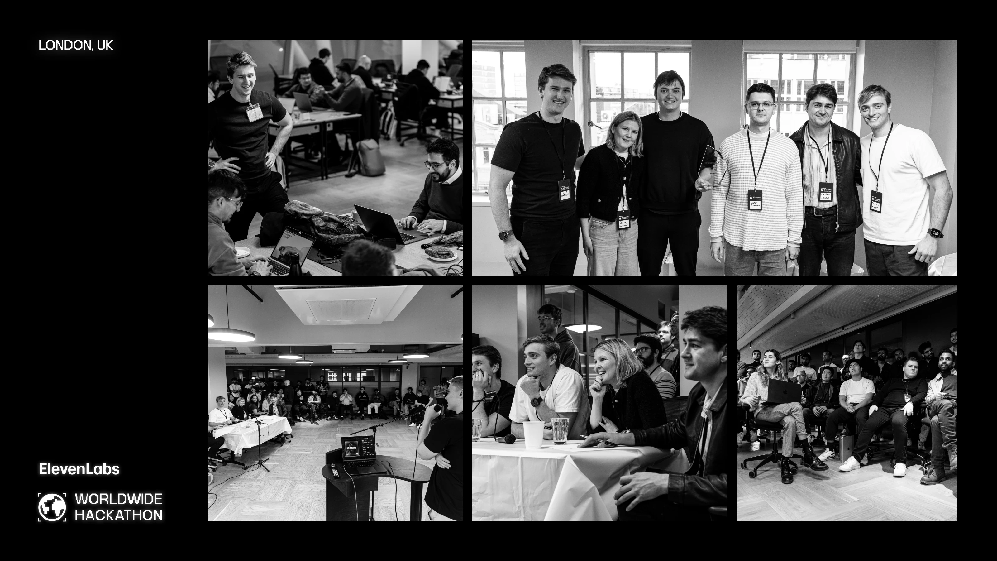 Collage of black-and-white photos from a hackathon event, showing people working, presenting, and attending sessions.
