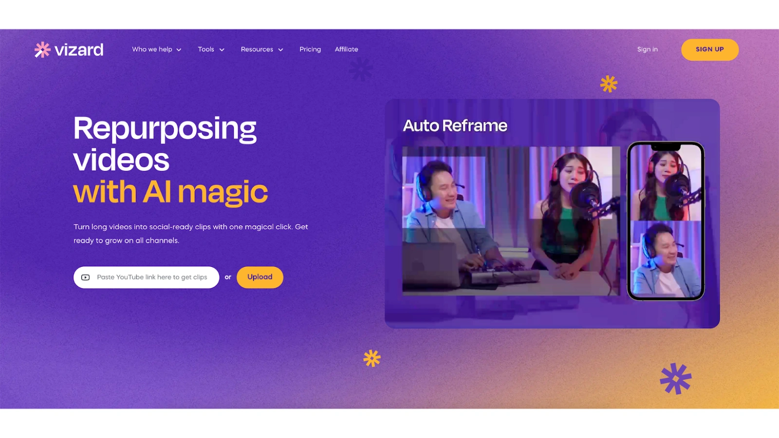 Screenshot of a website homepage for a video repurposing service, featuring a purple and orange gradient background, a headline about transforming videos with AI magic, a YouTube link input box, an upload button, and an illustration of a person on a computer and mobile device.