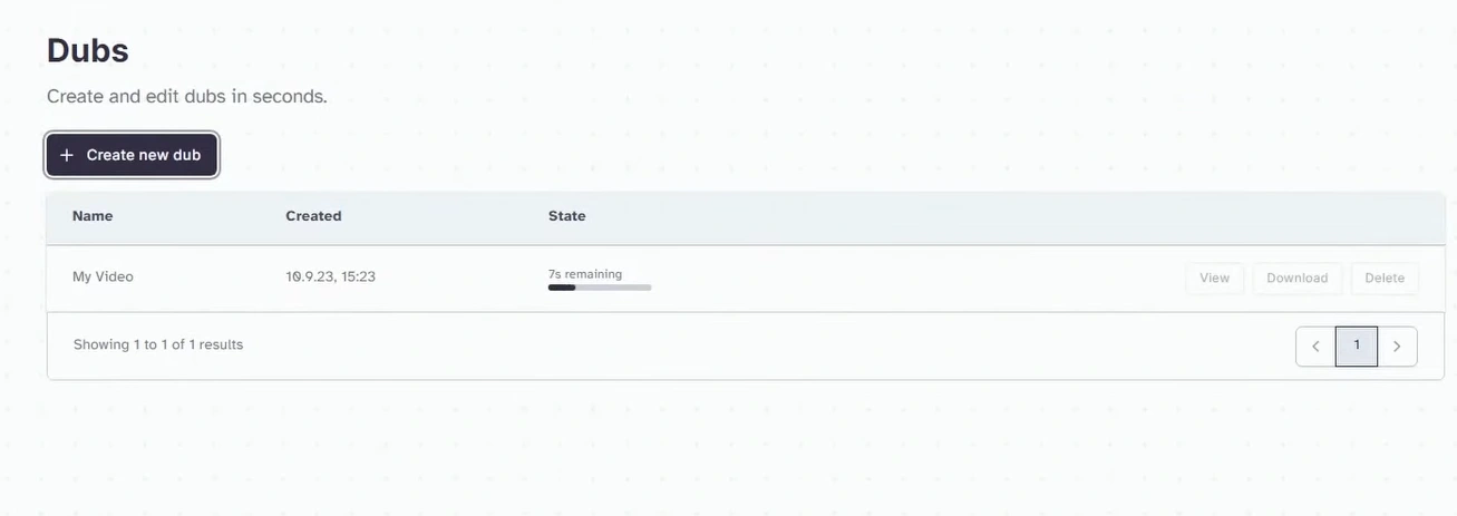 Screenshot of a webpage titled "Dubs" showing a list with one video named "My Video" being processed, with a progress bar indicating 7 seconds remaining.